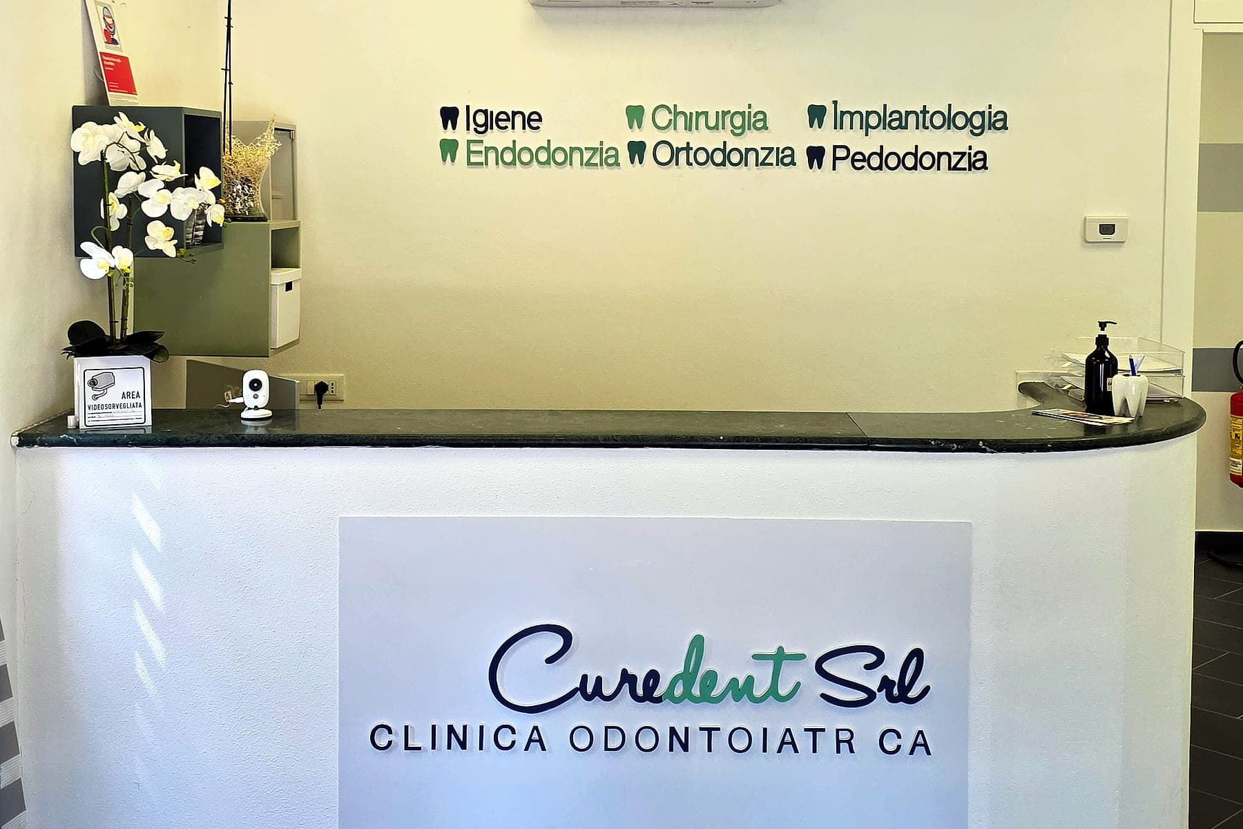 Il bancone dell'accoglienza di Curedent, con l'insegna e le discipline sulla parete